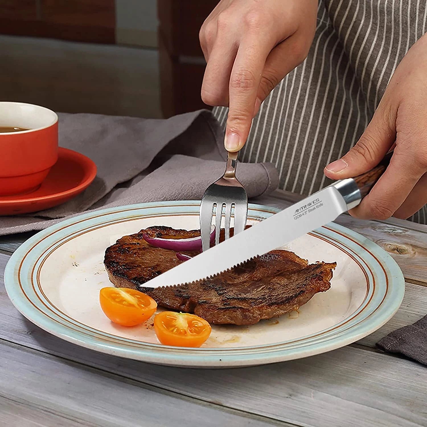 ANTINIVES Kitchen 6 Pcs Knife Set with Block Serrated Blade Knife Wooden Handle