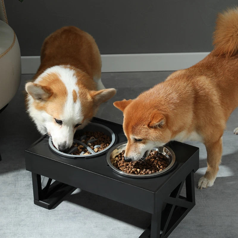 Elevated Pet Feeder Dog Cat Stand Stainless Steel Bowls Adjustable Height Base