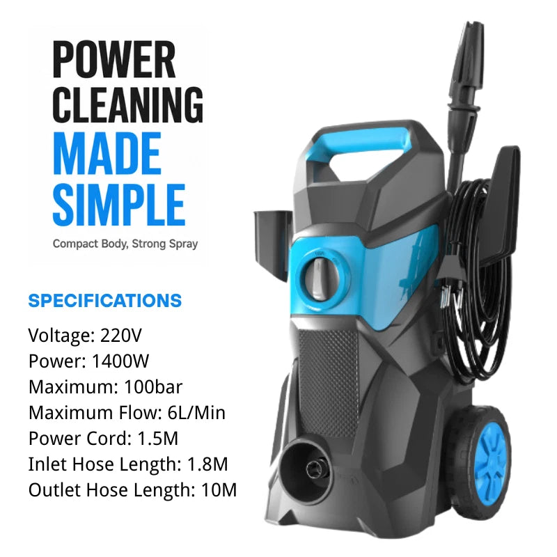 1400W Electric Pressure Washer High Power Cleaner Adjustable Spray Gun 10m Hose