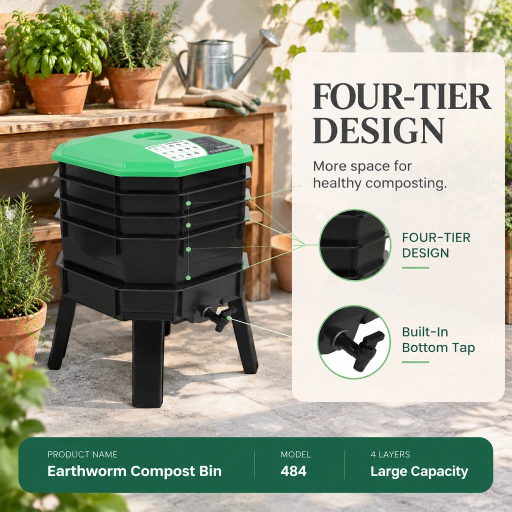 82L 4-Tray Worm Farm Compost Bin Stackable Ventilated Indoor Outdoor Home Garden