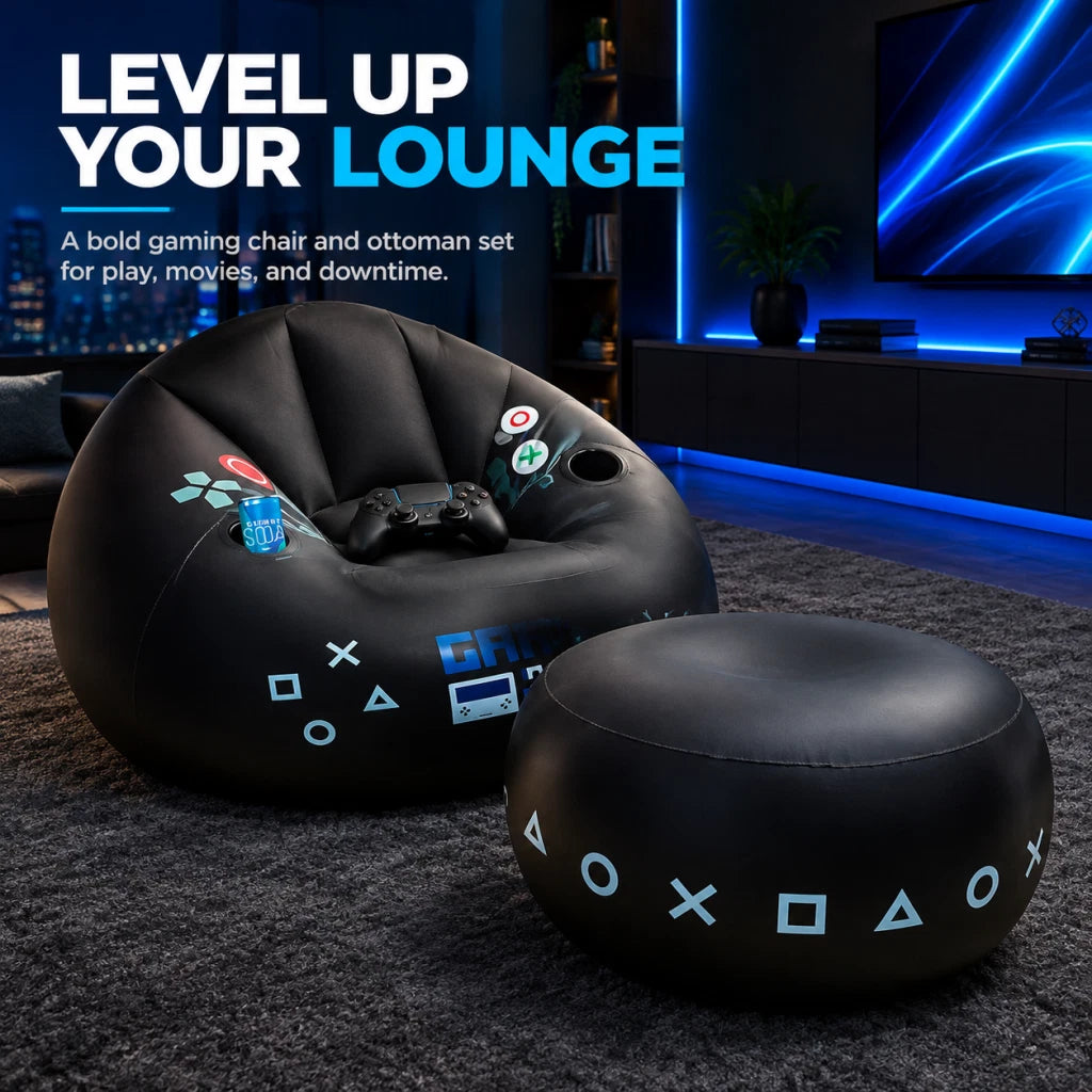 Inflatable Gaming Chair Sofa Footstool Cup Holder Air Bean Bag Gamer Room Decor