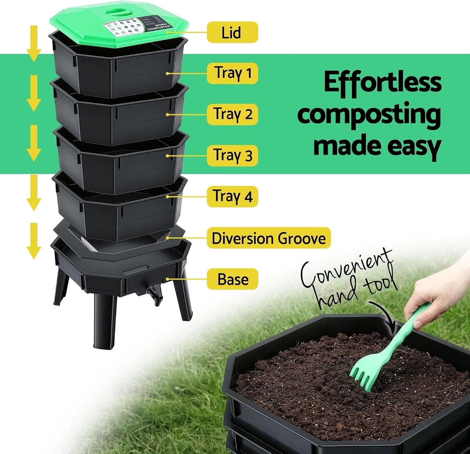 82L 4-Tray Worm Farm Compost Bin Stackable Ventilated Indoor Outdoor Home Garden