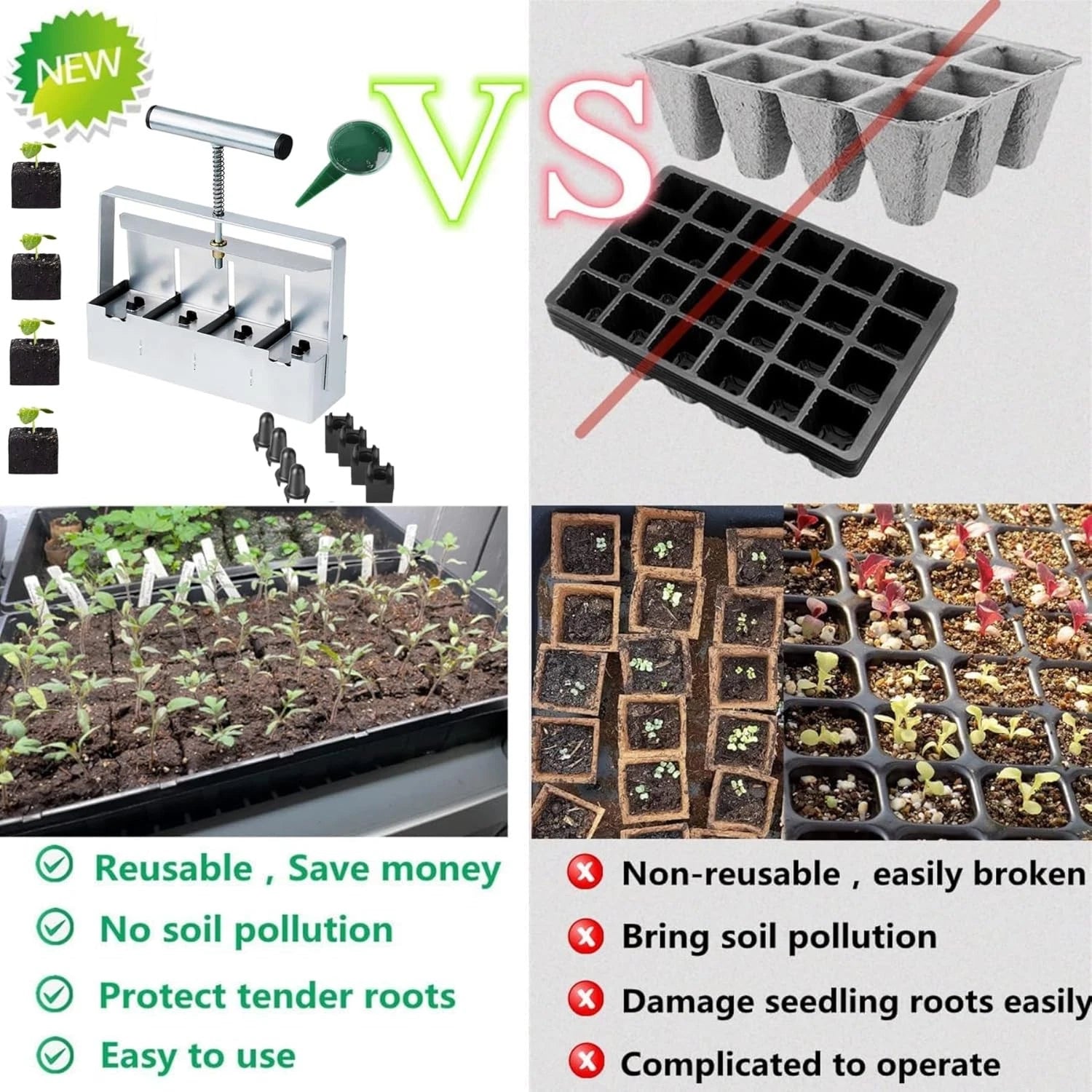 4 Cell Soil Blocker Seed Starting Tool Manual Garden Propagation Maker for Seedlings