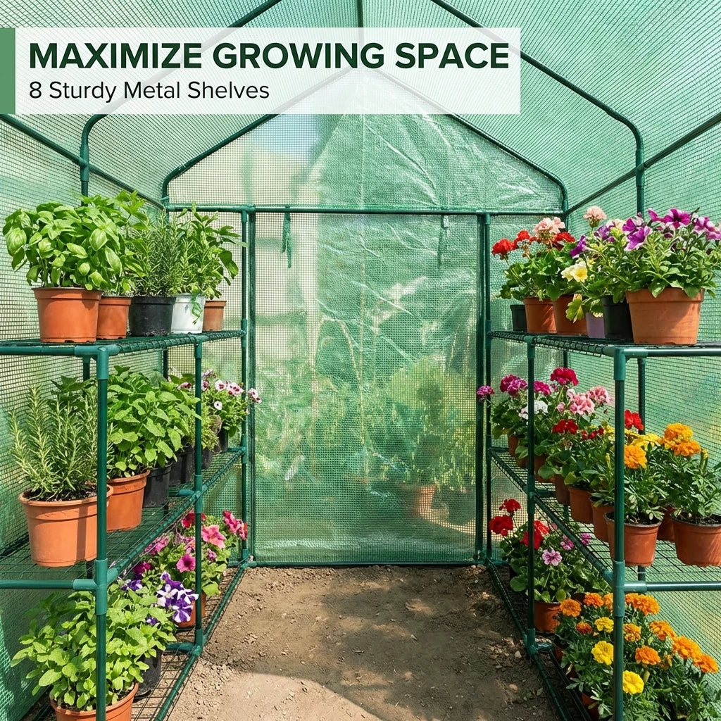 Greenhouse Garden Storage Shed Walk in Tunnel Green House 8 Shelves 2x1.5x1.5M