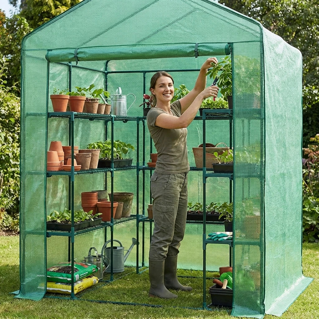 Greenhouse Garden Storage Shed Walk in Tunnel Green House 8 Shelves 2x1.5x1.5M