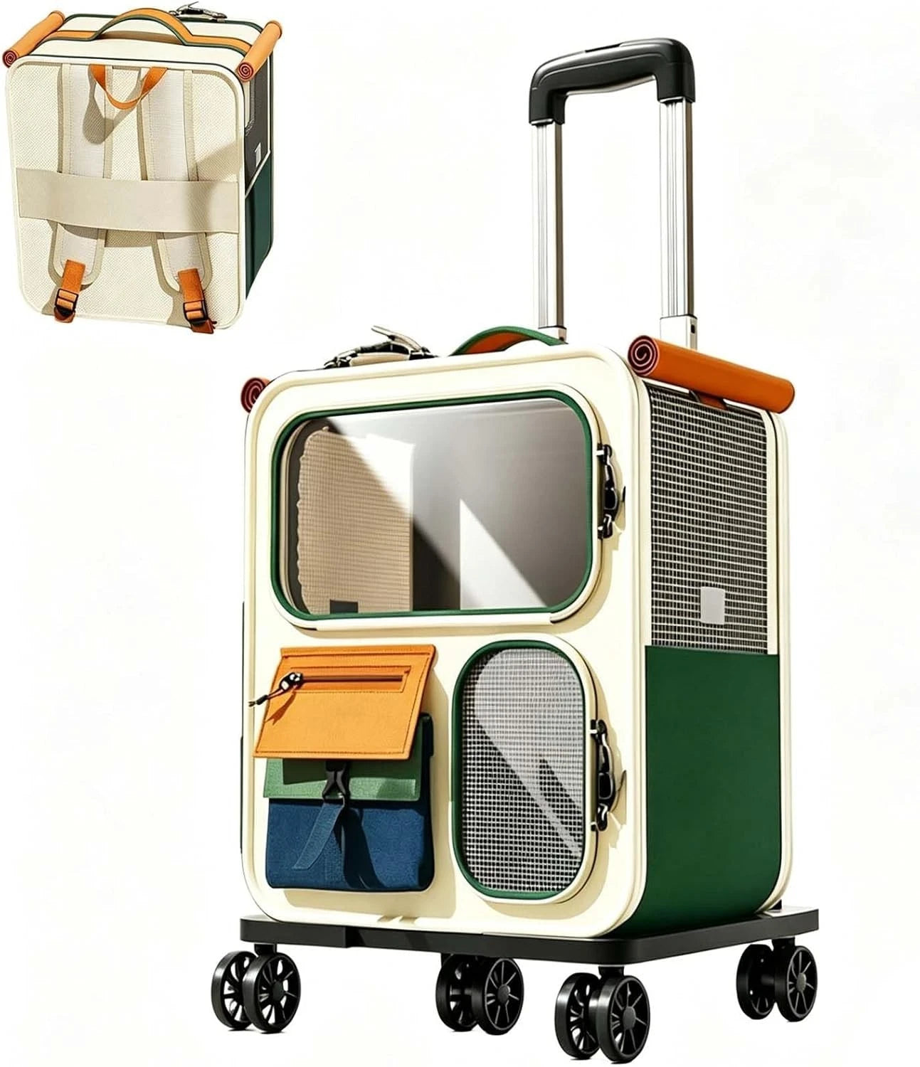Wheeled Pet Carrier Backpack 2 in 1 Travel Stroller Cat Puppies Mesh Trolley Bag