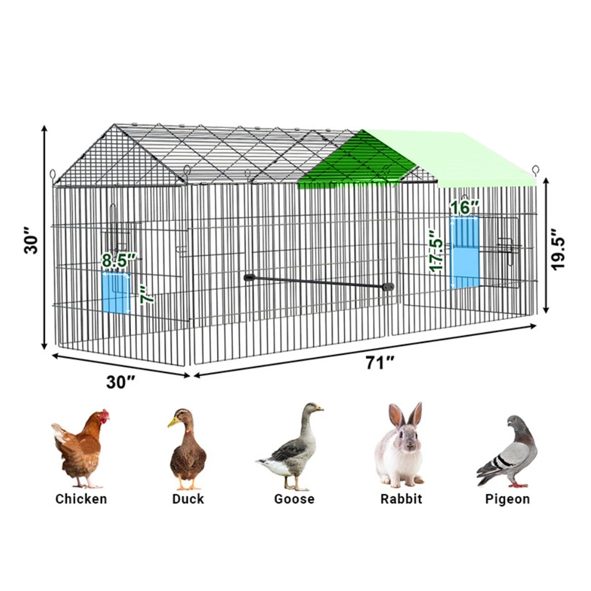 1.8M Large Metal Chicken Coop Walk-in Rabbit Hutch Run Cage Freerange Hen House