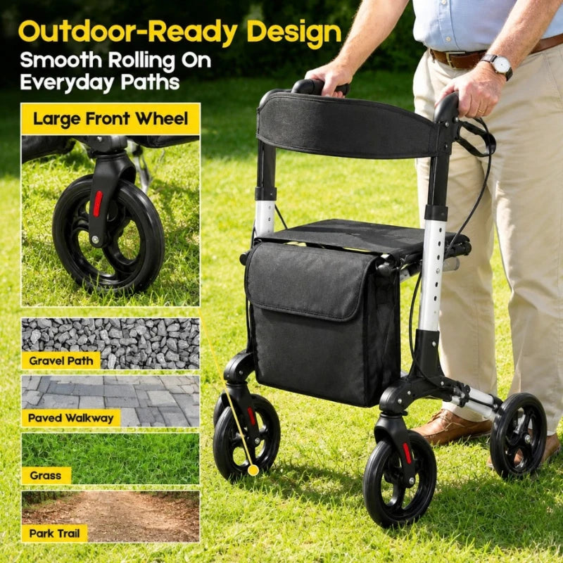 Aluminium Lightweight Rollator Walker with Seat Brakes 4 Wheel Foldable Walking